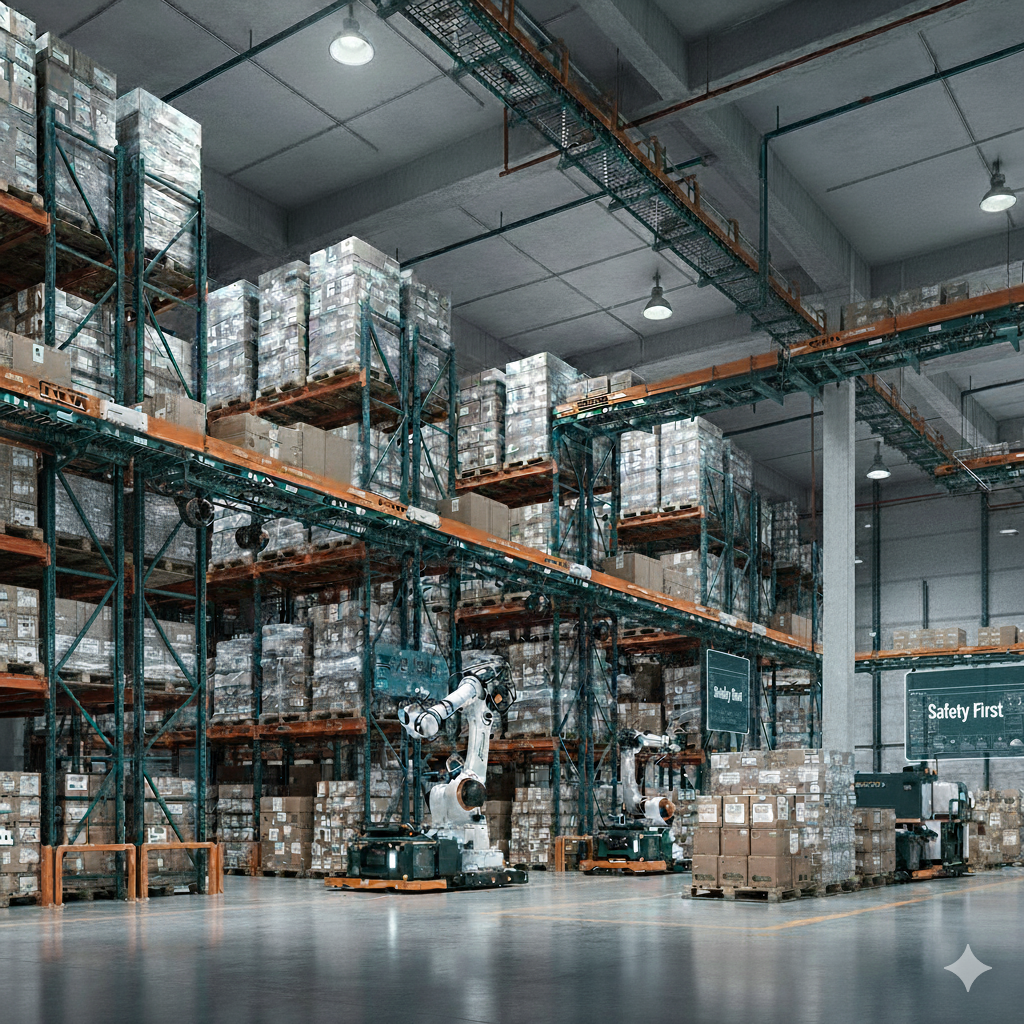 Automated warehouse interior with shelving and robots